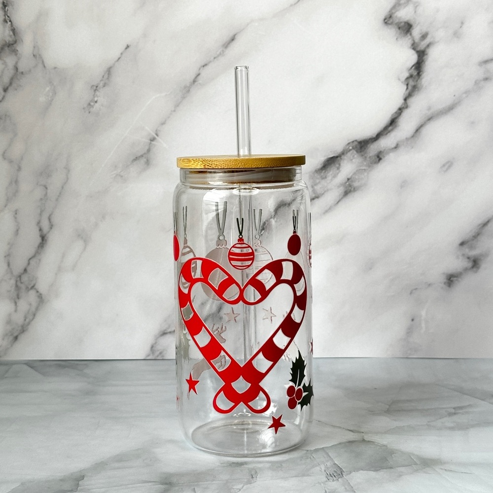 Holiday Candy Cane Glass Tumbler with Straw